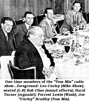 Photo of one time members of the "Tom Mix" radio show...foreground: Leo Curley (Mike Shaw), seated (L-R) Bob Cline (sound effects); Harol Turner (organist); Forrest Lewis (Wash); Joe "Curley" Bradley (Tom Mix).