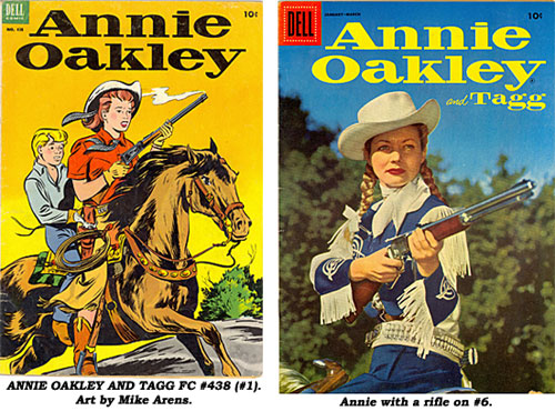 Cover to ANNIE OAKLEY AND TAGG FC#438 (#1). Art by Mike Arens. Cover to ANNIE OAKLEY AND TAGG #6 shows Annie with a rifle.