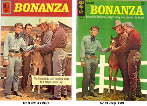 Covers to BONANZA Dell FC #1283 and Gold Key #23. Notice the same picture is used except on the Gold Key cover Pernell Roberts has been removed.