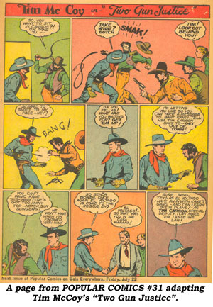 A page from POPULAR COMICS #31 adapting Tim McCOY's "Two Gun Justice".