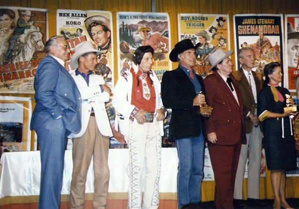 Golden Boot Awards 1985, (L-R) Ernest Borgnine, Jan Michael Vincent, Iron Eyes Cody, Ricardo Montalban, Pat Buttram, Jimmy Stewart, Pam Murphy (Audie's widow). (Photo courtesy Jerry Whittington.)