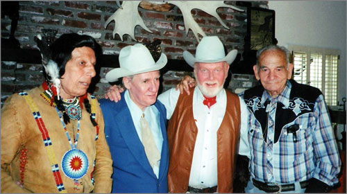 Four Western Greats reunite in the '80s. (L-R) Iron Eyes Cody, Pat Buttram, Harry Carey Jr., Yakima Canutt. (Thanx to Leonard Maltin.)