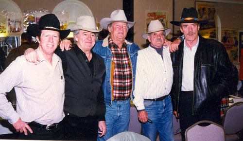 A “High Chaparral” reunion at a 1997 Ray Courts Collector’s Show in California. (L-R) Neil Summers, Henry Darrow, Don Collier, Bobby Hoy, Ted Markland.
