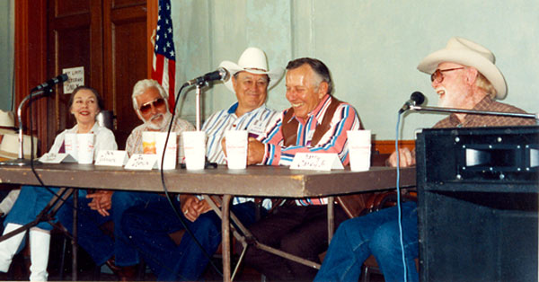 Celebrity panel discussion at the Toulumne County, Sonora, California, Wild West Film Fest in 1992 with (l-r) Lois Hall, John Hart, Ben Johnson, Jan Merlin, Harry Carey Jr.