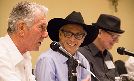 Johnny Crawford (center) and Tommy Nolan smile as Robert Fuller relates an experience from “Laramie”.