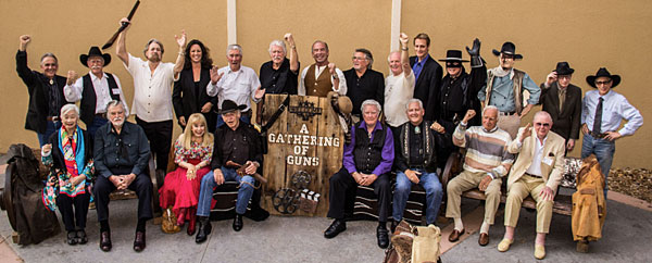 The stars of “A Gathering of Guns 5” at the Memphis Film Festival. (Top row L-R) Rudy Ramos (“High Chaparral”), Alex Cord (veteran of many westerns), Dan Haggerty (“Grizzly Adams”), Dawn Moore (Clayton Moore’s daughter), Robert Fuller (“Laramie”, Wagon Train”), Don Collier (“Outlaws”, “High Chaparral”), Don Shanks (“Grizzly Adams”), Tim Considine, David Stollery (“Spin and Marty”), Duncan Regehr (“Zorro”), Guy Williams Jr. (son of Disney’s “Zorro”), John Wayne cutout, Tommy Nolan (“Buckskin”), Johnny Crawford (“Rifleman”). (Seated L-R) Lisa Lu (“Have Gun Will Travel”), Gregg Palmer (veteran screen heavy), Terry Moore (“Empire”), James Drury (“The Virginian”), James Best (“Dukes of Hazzard”), John Buttram (Pat Buttram’s nephew), Robert Loggia (“Elfego Baca”), costumer Luster Bayless.