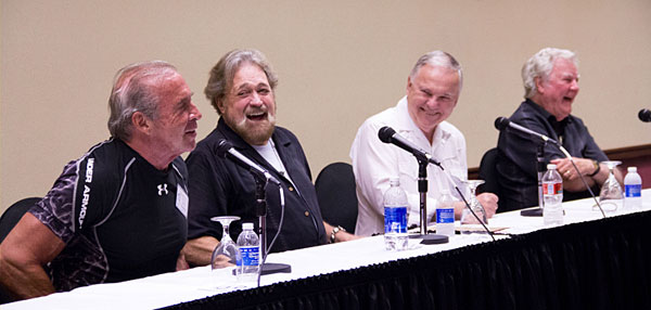 Boyd Magers (white shirt) moderated one of the six celebrity panels, seen here with Don Shanks and Dan Haggerty (“Grizzly Adams”) and James Best.