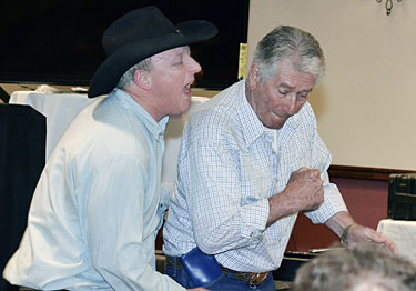 Bob Fuller and friend Tony Gill demonstrate camera techniques for stunt fighting.