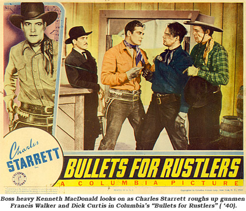 boss heavy Kenneth MacDonald looks on as Charles Starrett roughs up gunmen Francis Walker and Dick Curtis in Columbia's "Bullets for Rustlers" ('40).
