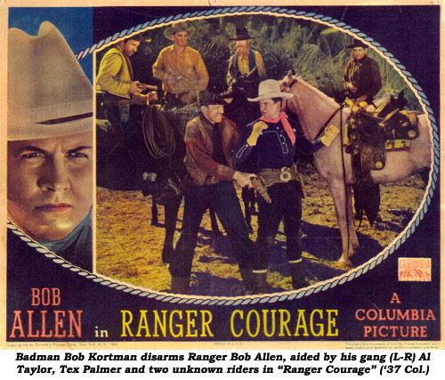 Badman Bob Kortman disarms Ranger Bob Allen, aided by his gang (L-R) Al Taylor, Tex Palmer and two unknown riders in "Ranger Courage" ('37 Columbia).
