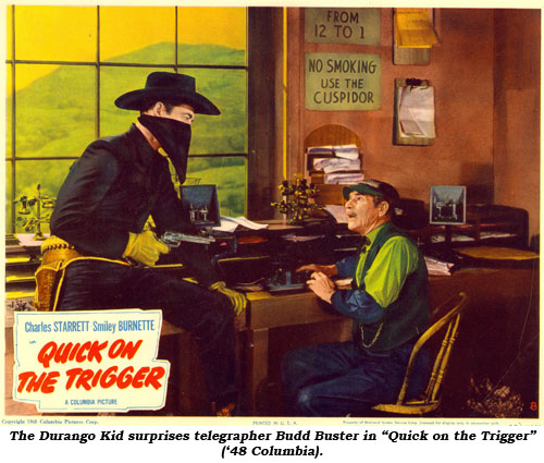 The Durango Kid surprises telegrapher Budd Buster in "Quick on the Triggera" ('48 Columbia).