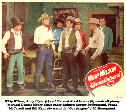 Whip Wilson, Andy Clyde (L) and Marshal Reed Howes (R) handcuff phony marshal Dennis Moore while other badmen George De Normand, Frank McCarroll nad Bill Kennedy watch in "Gunslingers" ('50 Monogram). 
