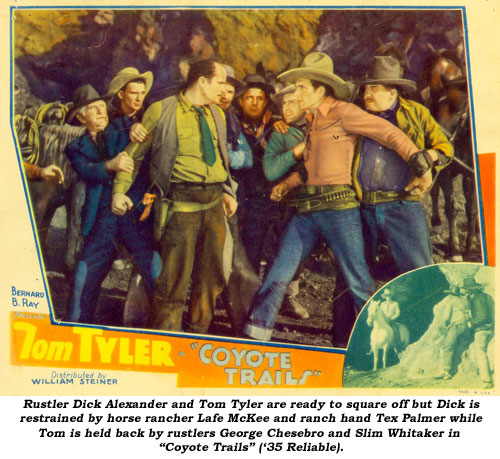 Rustler Dick Alexander and Tom Tyler are ready to square off but Dick is restrained by horse rancher Lafe McKee and ranch hand Tex Palmer while Tom is held back by rustlers George Chesebro and Slim Whitaker in "Coyote Trails" ('35 Reliable).