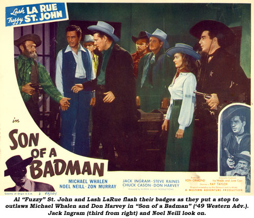 Al "Fuzzy" St. John and Lash LaRue flash their badges as they put a stop to outlaws Michael Whalen and Don Harvey in "Son of a Badman" ('49 Western Adventure). Jack Ingram (third from right) and Noel Neill look on.
