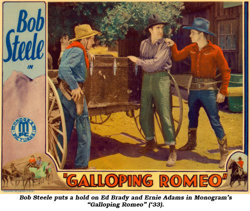 Bob Steele puts a hold on Ed Brady and Ernie Adams in Monogram's "Galloping Romeo" ('33).
