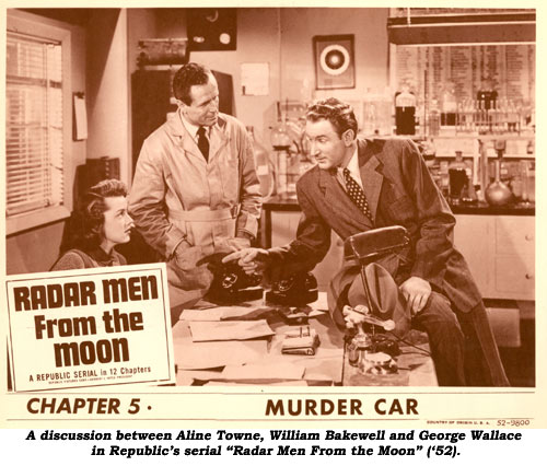 A discussion between Aline Towne, William Bakewell and George Wallace in Republic's serial "Radar Men From the Moon".