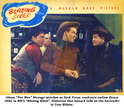Glenn "Pee Wee" Strange watches as Dick Foran confronts outlaw heanchman Henry Otho in WB's "Blazing Sixes".