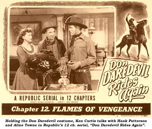 Holding the Don Daredevil costume, Ken Curtis talks with Hank Patterson and Aline Towne in Republic's 12 ch. serial "Don Daredevil Rides Again".