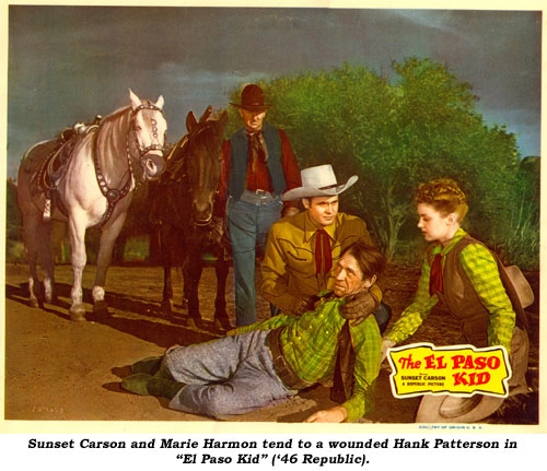 Sunset Carson and Marie Harmon  tend to a wounded Hank Patterson in "El Paso Kid" ('46 Republic).