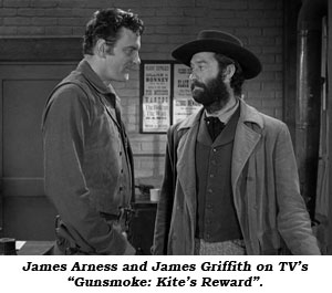 James Arness and James Griffith on TV's "Gunsmoke: Kite's Reward".