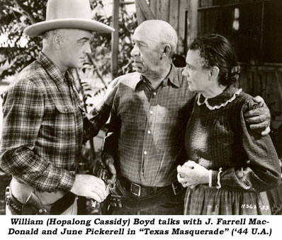 William (Hopalong Cassidy) Boyd talks with J. Farrell MacDonald and June Pickerell in "Texas Masquerade" ('44 U.A.).