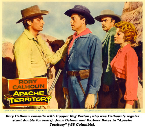 Rory Calhoun consults with trooper Reg Parton (who was Calhoun's regular stunt double for years), John Dehner and Barbara Bates in "Apache Territory" ('58 Columbia).