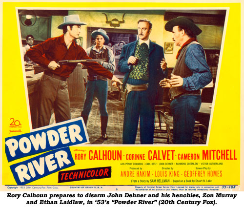 Rory Calhoun prepares to disarm John Dehner and his hencies, Zon Murray and Ethan Laidlaw in '53's "Powder River" (20th Century Fox).