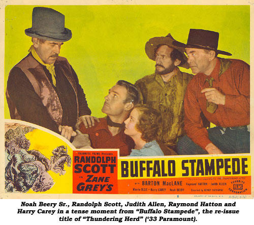 Noah Beery Sr., Randolph Scott, Judith Allen, Raymond Hatton and Harry Carey in a tense moment from "Buffalo Stampede", the re-issue title of "Thundering Herd" ('33 Paramount).
