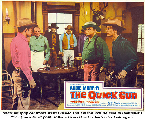 Audie Murphy confronts Walter Sande and his son Rex Holman in Columbia's "The Quick Gun" ('64). William Fawcett is the bartender looking on.