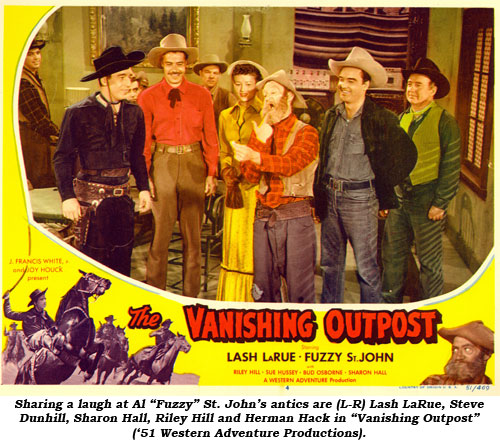 Sharing a laugh at Al "Fuzzy" St. John's antics are (L-R) Lash LaRue, Steve Dunhill, Sharon Hall, Riley Hill and Herman Hack in "Vanishing Outpost" ('51 Western Adventure Productions).
