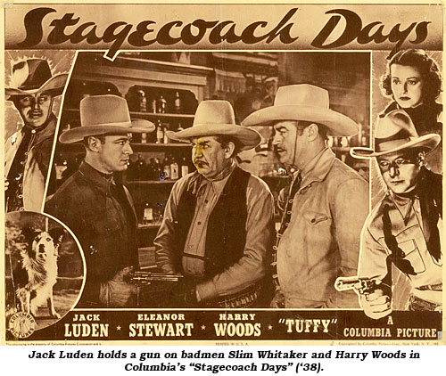 Jack Luden holds a gun on badmen Slim Whitaker and Harry Woods in Columbia's "Stagecoach Days" ('38).