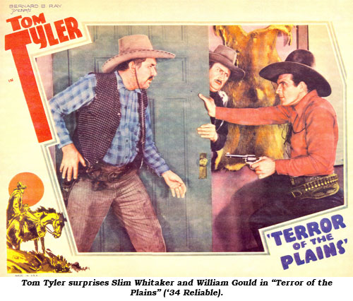 Tom Tyler surprises Slim Whitaker and William Gould in "Terror of the Plains" ('34 Reliable).