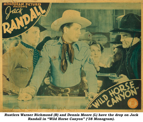 Rustlers Warner Richmond (R) and Dennis Moore (L) have the drop on Jack Randall in "Wild Horse Canyon" ('38 Monogram).