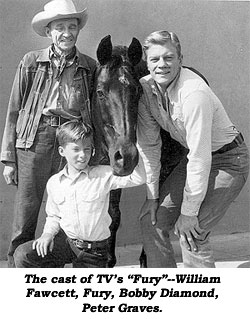The cast of TV's "Fury"--William Fawcett, Fury, Bobby Diamond, Peter Graves.