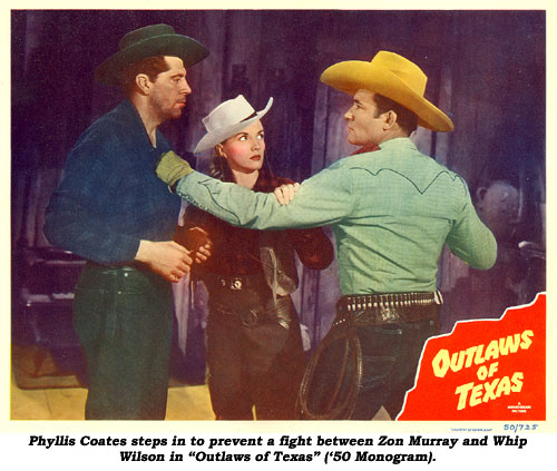 Phyllis Coates steps in to prevent a fight between Zon Murray and Whip Wilson in "Outlaws of Texas" ('50 Monogram).