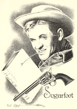 Drawing of Will Hutchins as "Sugarfoot" with law text book and six shooter by Bob Dale