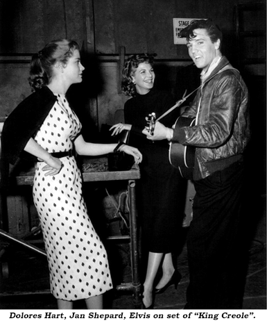Dolores Hart, Jan Shepard and Elvis on the set of "King Creole".