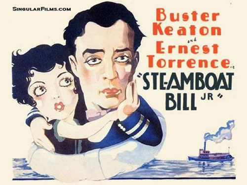 Lobby card for "Steamboat Bill Jr." starring Buster Keaton and Ernest Torrence.