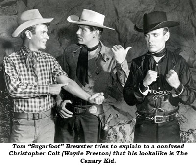 Tom "Sugarfoot" Brester tries to explain to a confused Christopher Colt (Wayde Preston) that his lookalike is The Canary Kid.