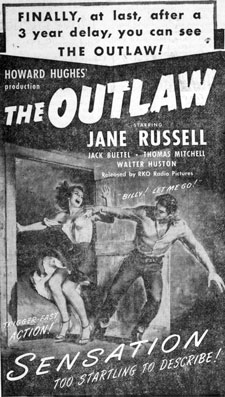 Neswpaper ad for "The Outlaw" starring Jane Russell and Jack Buetel.