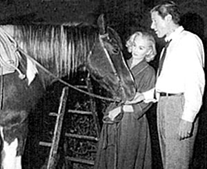 Efrem Zimbalist Jr. and Jean Simmons with Will Hutchin's horse Penny on the set of "Sugarfoot".