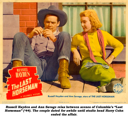 Russell Hayden and Ann Savage relax between scenes of Columbia's "Last Horseman" ('44). The couple dated for awhile until studio head Harry Cohn ended the affair.