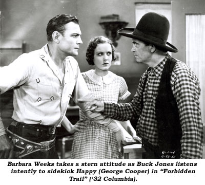Barbara Weeks takes a stern attitude as Buck Jones listens intently to sidekick Happy (George Cooper) in "Forbidden Trail" ('32 Columbia).