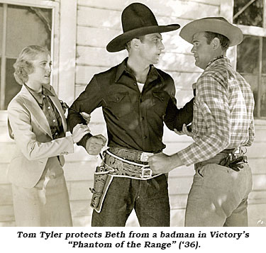 Tom Tyler protects Beth from badman,         , in Victory's Phantom of the Range ('36). 