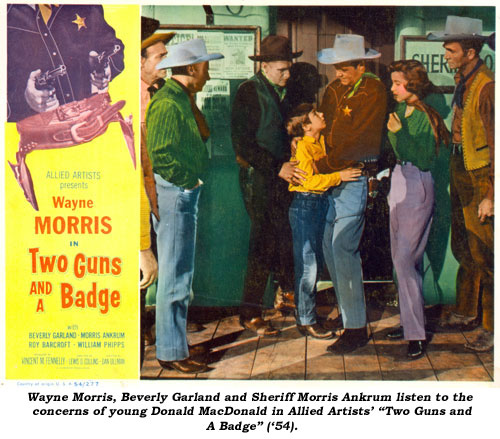Wayne Morris, Beverly Garland and Sheriff Morris Ankrum listen to the concerns of young Donald MacDonald in Allied Artists' "Two Guns and a Badge" ('54).