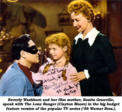 Beverly Washburn and her film mother, Bonita Granville, speak with The Lone Ranger (Clayton Moore) in the big budget feature version of the popular TV seires ('56 Warner Bros.).