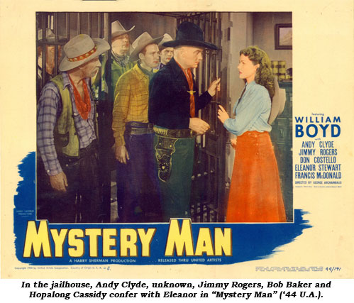In the jailhouse, Andy Clyde, unknown, Jimmy Rogers, Bob Baker and Hopalong Cassidy confer with Eleanor in "Mystery Man" ('44 U.A.).