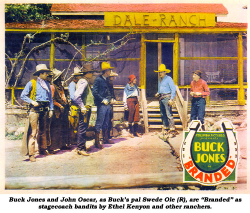 Buck Jones and Oscar, as Buck's pal Swede Ole (R), are "Branded" as stagecoach bandits by Ethel Kenyon and other ranchers.