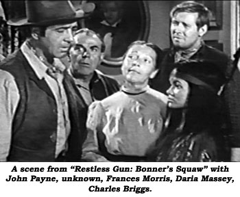 A scene from "Restless Gun: Bonner's Squaw" with John Payne, unknown, Frances Morris, Daria Massey and Charles Briggs.