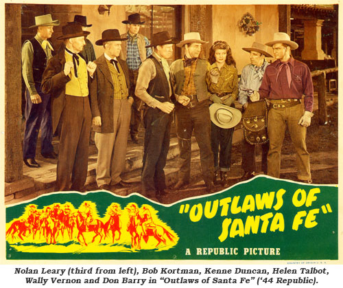 Nolan Leary (third from left), Bob Kortman, Kenne Duncan, Helen Talbot, Wally Vernon and Don Barry in "Outlaws of Santa Fe" ('44 Republic).